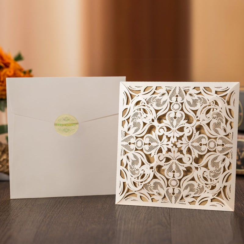 Hosmsua 50PCS Ivory Laser Cut Wedding Invitation Cards with Envelopes 6.3 x 6.3 Inch Hollow Rose Invitations for Wedding Bridal Shower Invite (Ivory, Blank) - Image 3